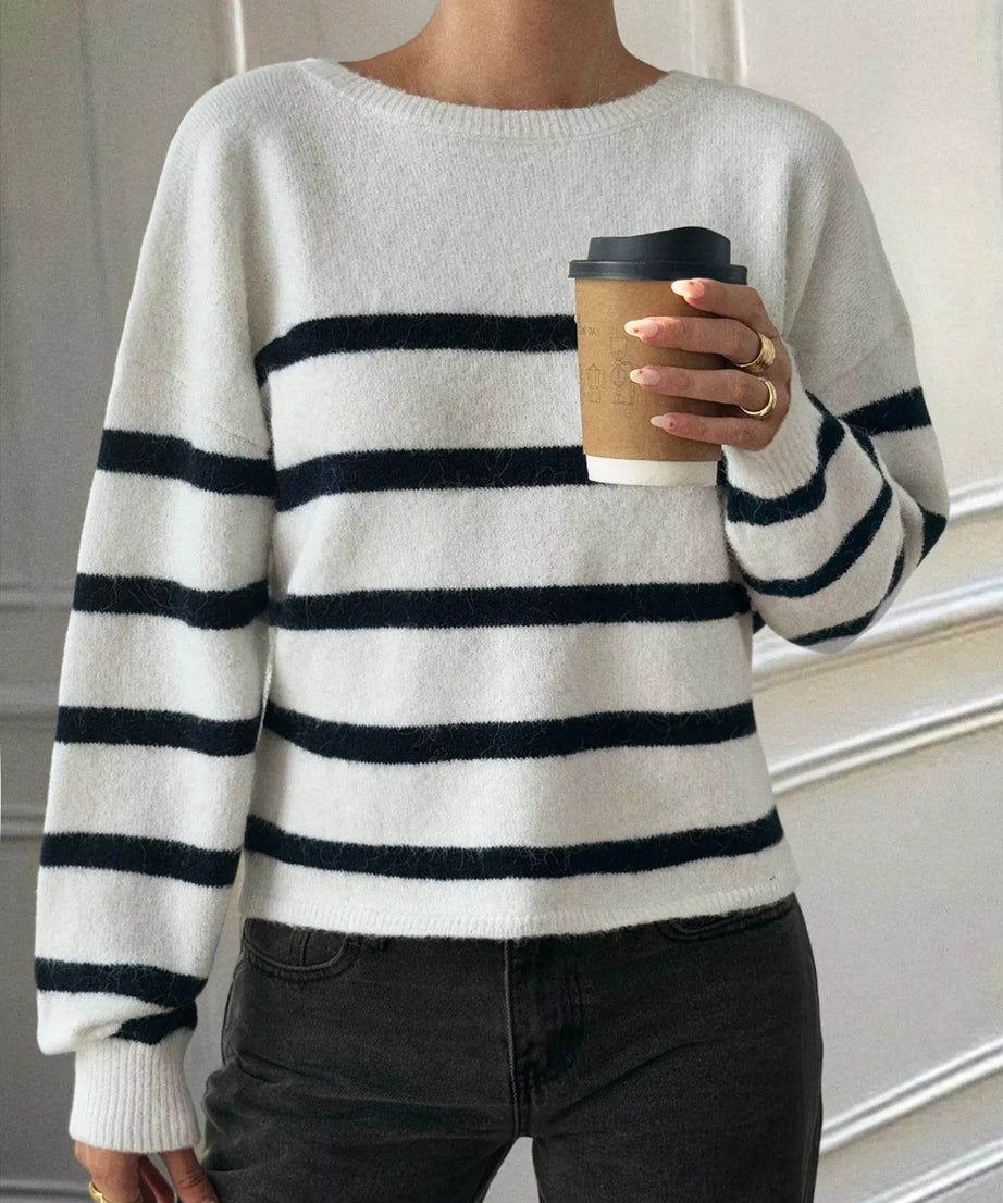 Striped Round Neck Long Sleeve Knit Top - ELY VESSA LLC
