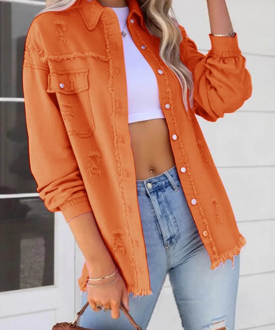 Distressed Denim Jacket with Frayed Edges - ELY VESSA LLC