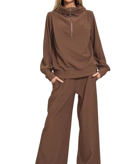 Zenana Ribbed High Neck Half Zip Pullover & Pants Set - ELY VESSA LLC
