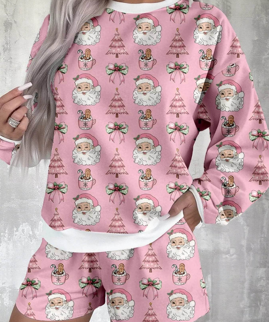 Christmas Santa Print Round Neck Top and Shorts Lounge Set - ELY VESSA LLC