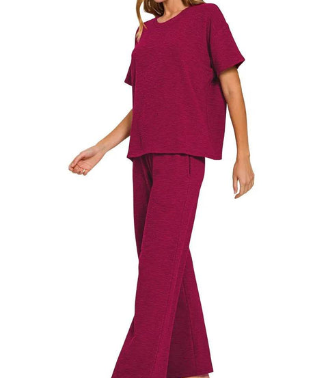 Zenana Slub Short Sleeve T-Shirt and Pants Set - ELY VESSA LLC
