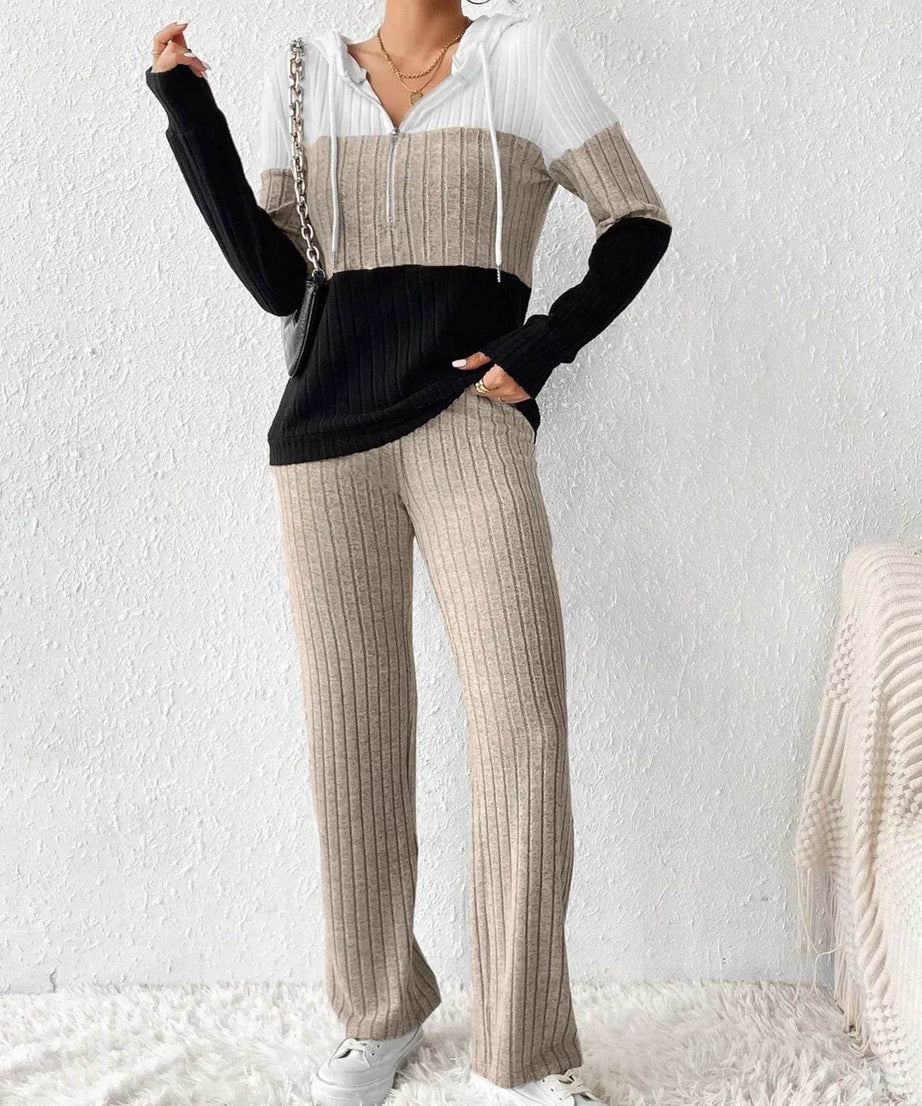 Color Block Half Zip Hooded Top and Pants Set - ELY VESSA LLC