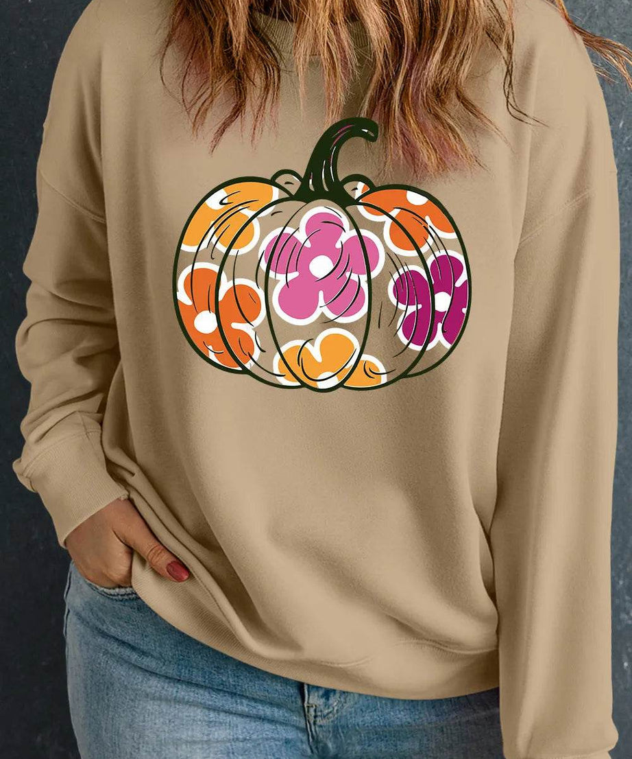 Plus Size Pumpkin Graphic Dropped Shoulder Sweatshirt - ELY VESSA LLC