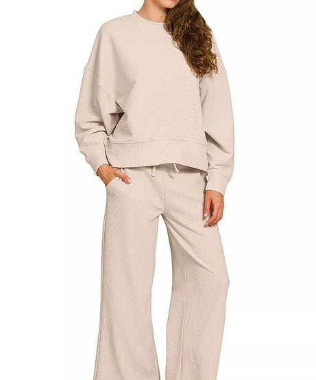 Zenana Ribbed Round Neck Pullover and Drawstring Pants Set - ELY VESSA LLC