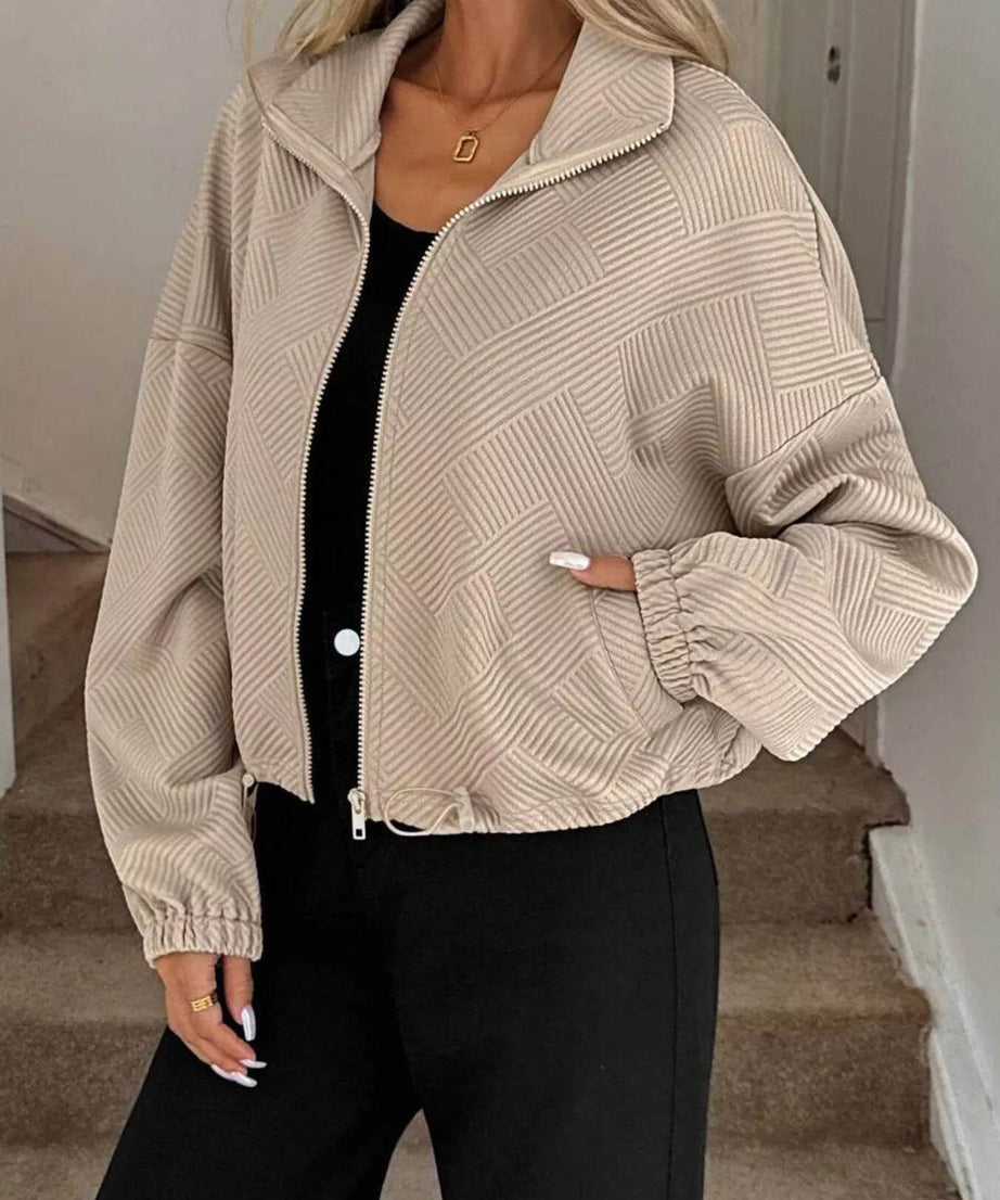 Drawstring Hem Textured Long Sleeve Jacket - ELY VESSA LLC