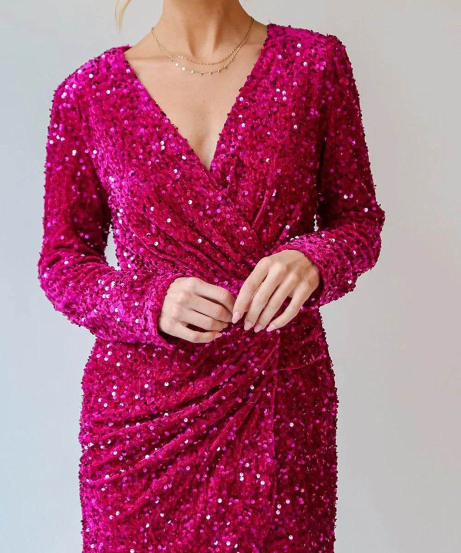 Sequin Surplice Long Sleeve Mini Dress - ELY VESSA LLC