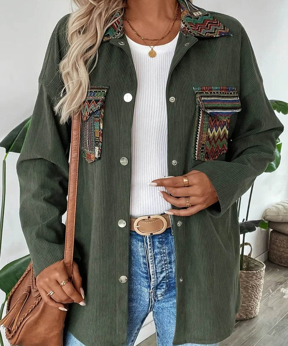 Snap Down Long Sleeve Jacket with Chest Pockets - ELY VESSA LLC