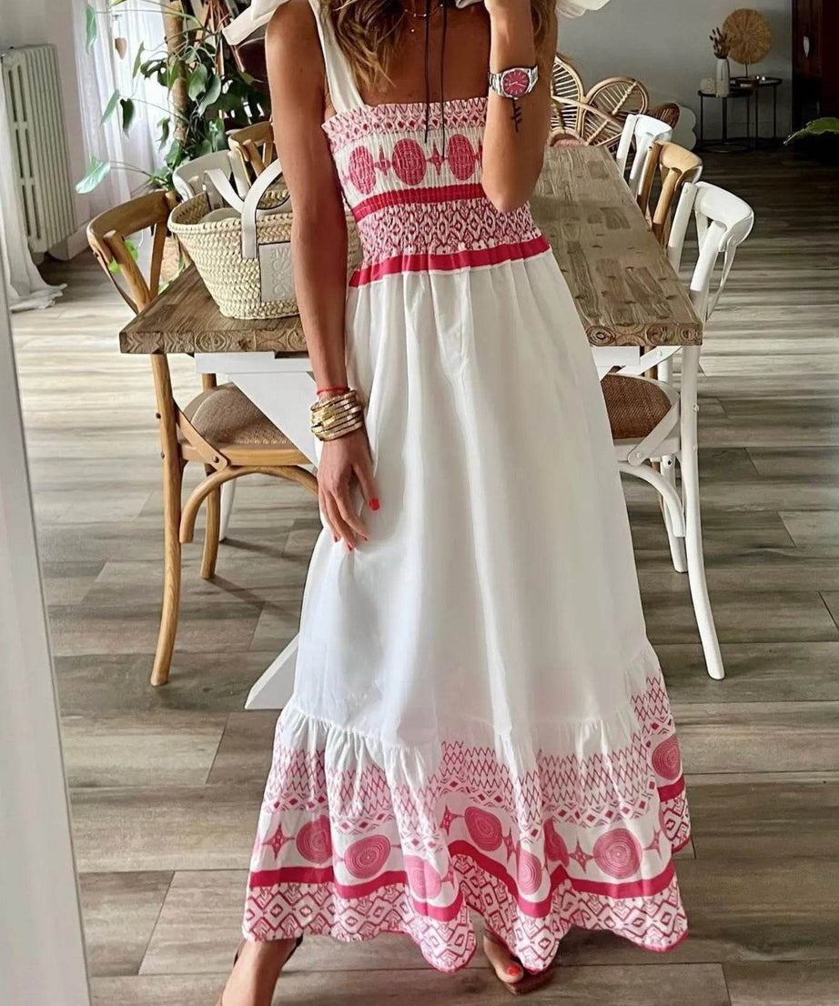 Smocked Printed Tie Shoulder Maxi Dress - ELY VESSA LLC