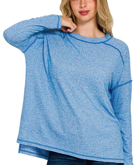 Zenana Full Size Melange Hacci Exposed Seam Hi-low Tee Plus Size - ELY VESSA LLC