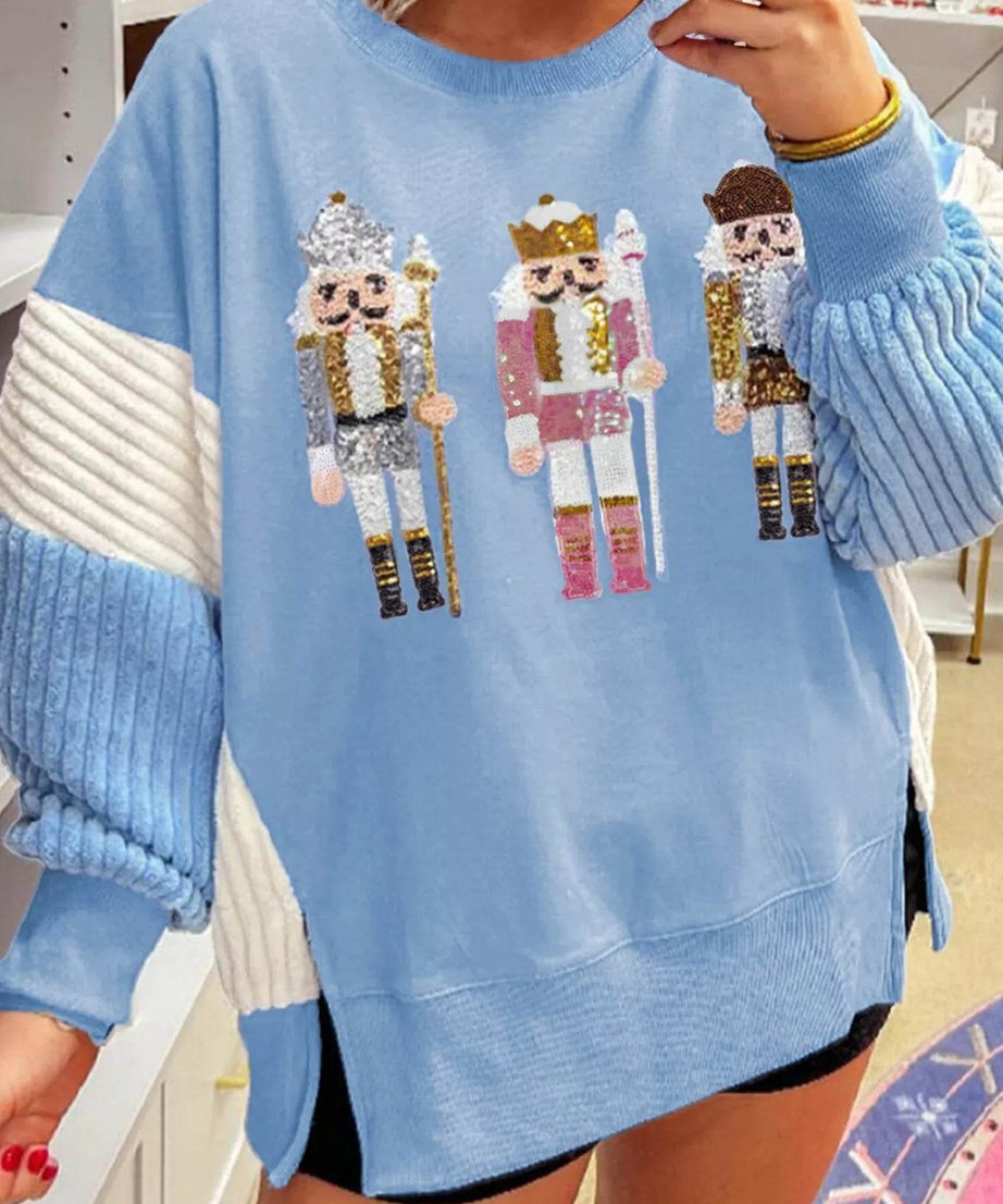 Christmas Sequin Nutcracker Textured Sleeve Patchwork Color Block Sweatshirt - ELY VESSA LLC
