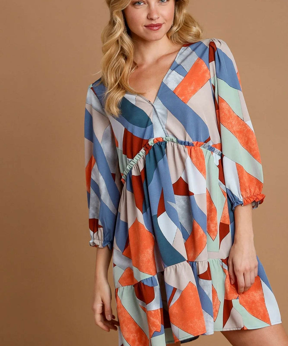 Umgee Abstract V-Neck Tiered Printed Dress - ELY VESSA LLC
