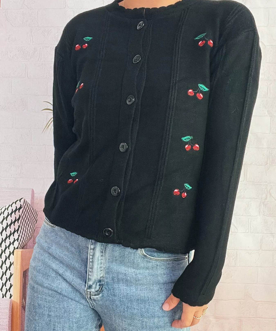 Cherry Embroidered Button Up Cardigan - ELY VESSA LLC