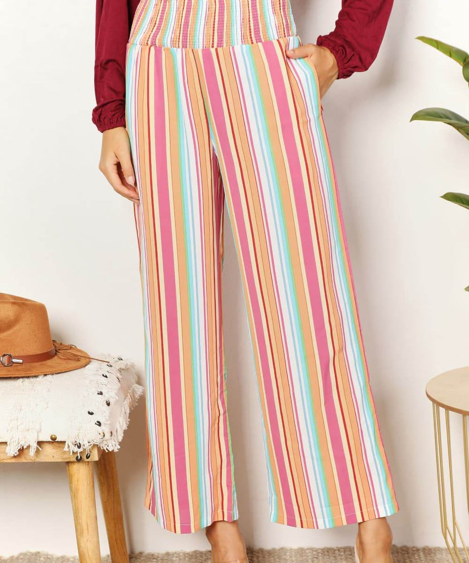 Double Take Striped Smocked Waist Pants with Pockets - ELY VESSA LLC