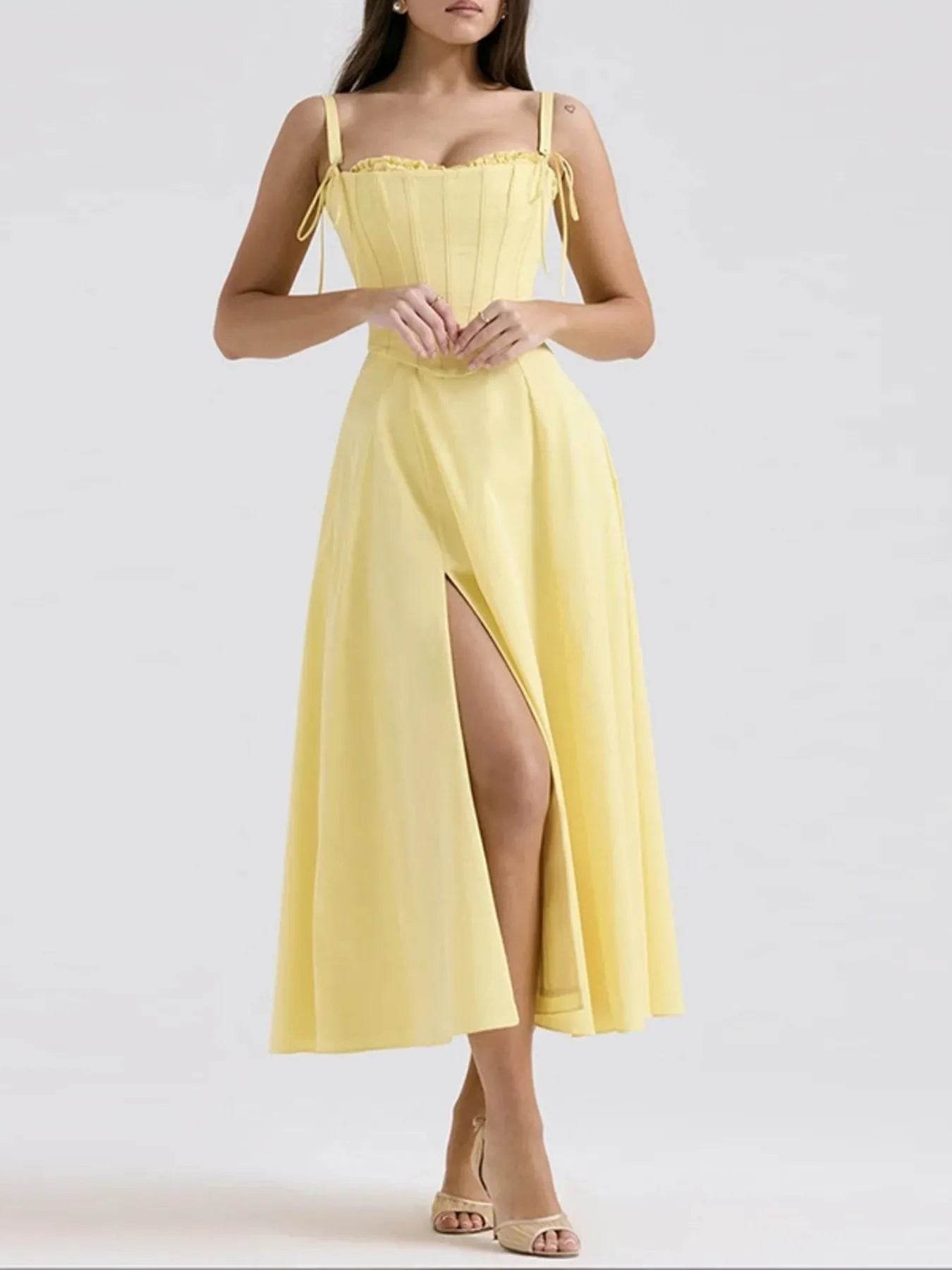 Slit Sleeveless Zip Back Midi Dress - ELY VESSA LLC