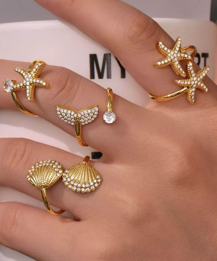 18K Gold-Plated Stainless Steel Zircon Starfish Ring - ELY VESSA LLC