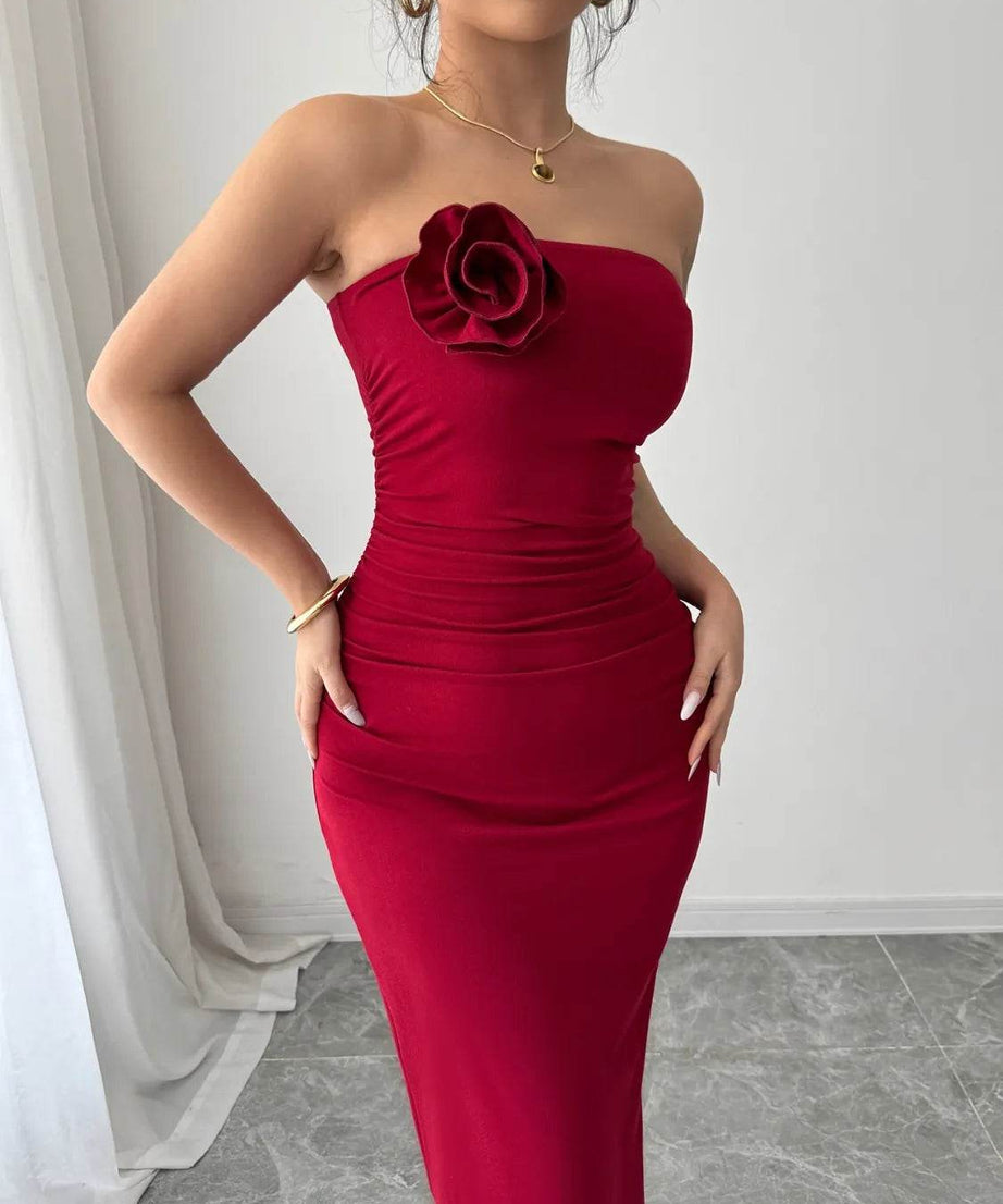 Slit Back Flower Tube Midi Dress - ELY VESSA LLC