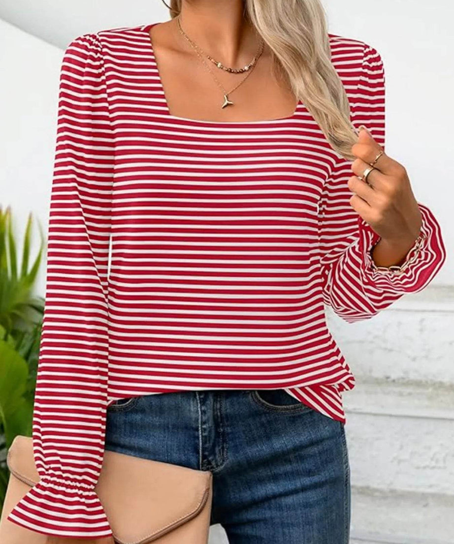 Striped Long Sleeve T-Shirt with Square Neckline - ELY VESSA LLC