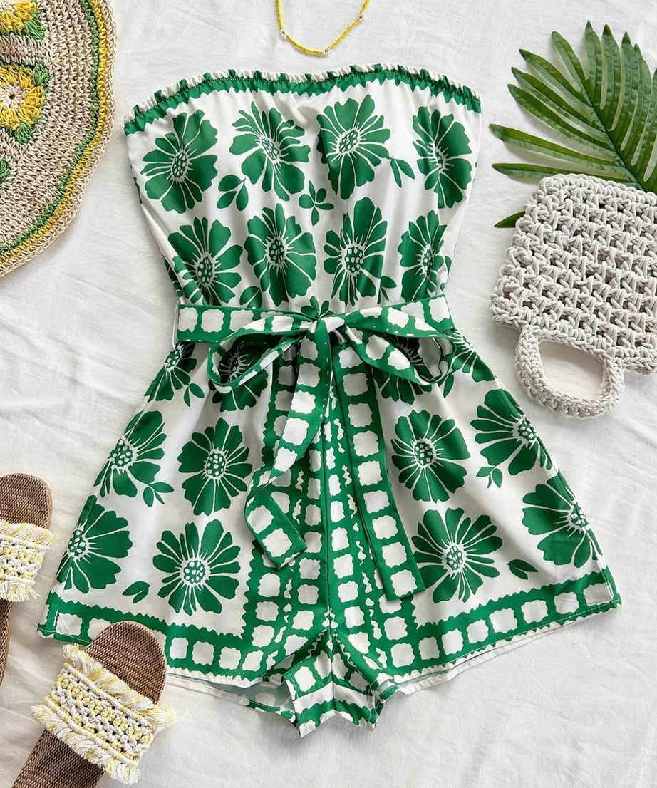 Printed Tube Tie Waist Romper - ELY VESSA LLC