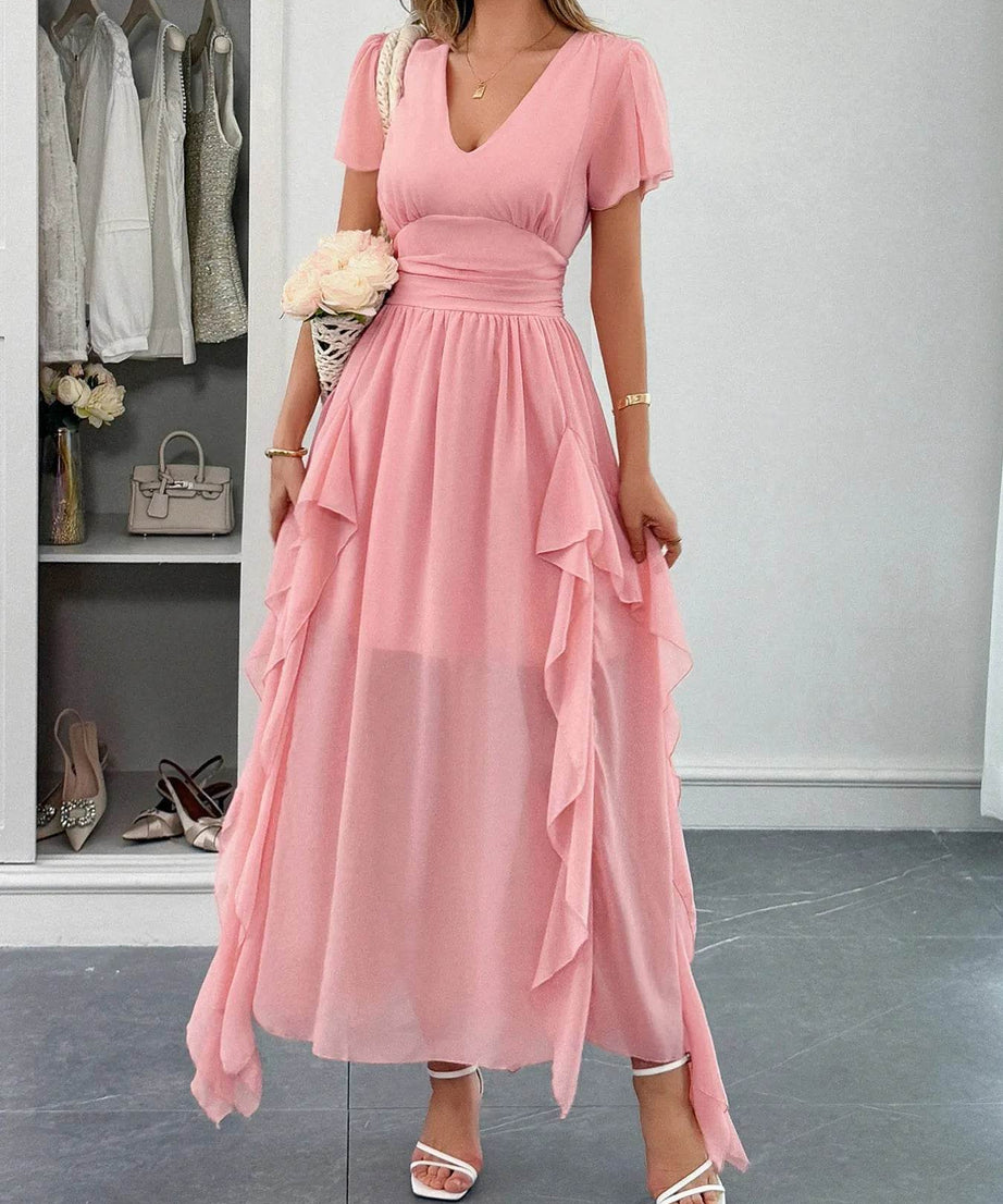 V-Neck Flutter Sleeve Dress - ELY VESSA LLC