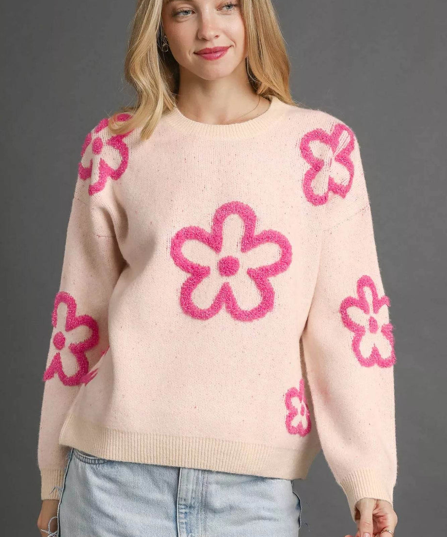Umgee Round Neck Sweater with Pink Floral Accents - ELY VESSA LLC