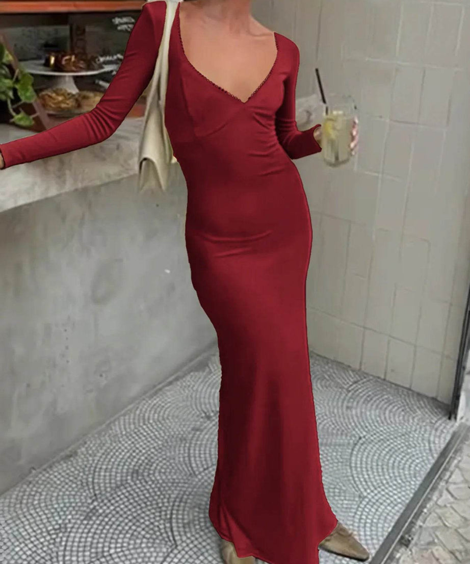 Deep-V Long Sleeve Slim Maxi Dress - ELY VESSA LLC