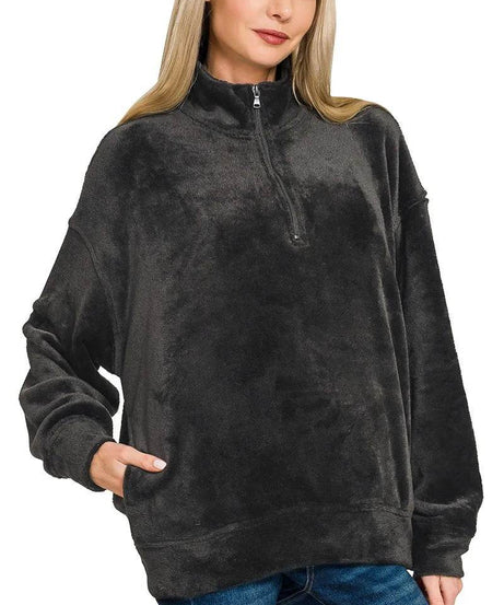 Zenana Faux Fur Half Zip Pocket Pullover - ELY VESSA LLC