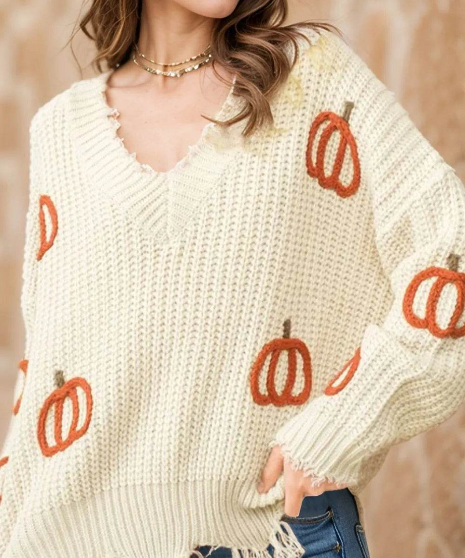 Raw Hem Pumpkin V-Neck Long Sleeve Sweater - ELY VESSA LLC