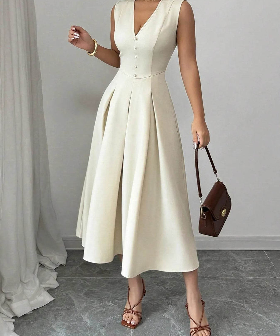 V-Neck Sleeveless Midi Dress - ELY VESSA LLC