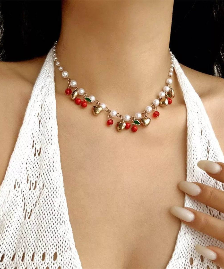 18K Gold-Plated Cherry & Heart Pearl Necklace - ELY VESSA LLC