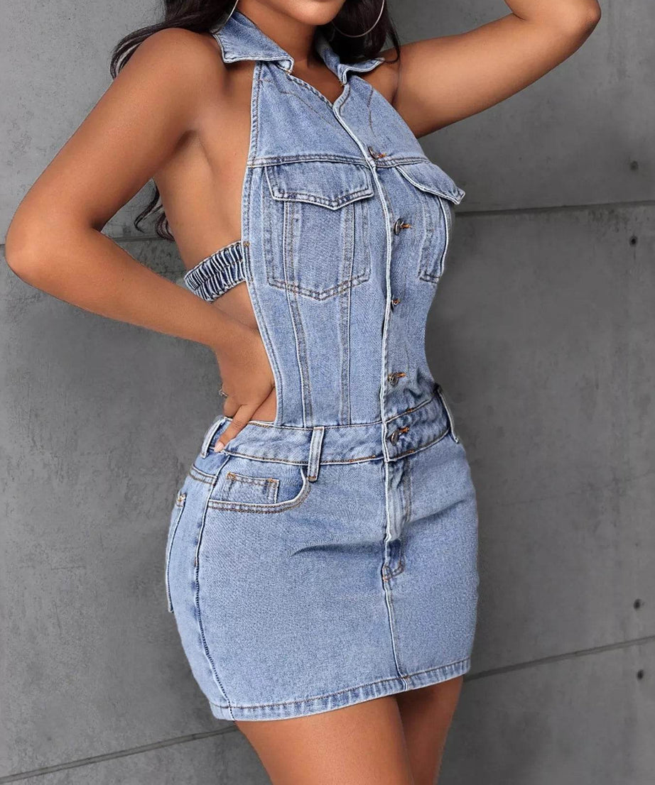 Backless Sleeveless Button Front Denim Mini Dress - ELY VESSA LLC