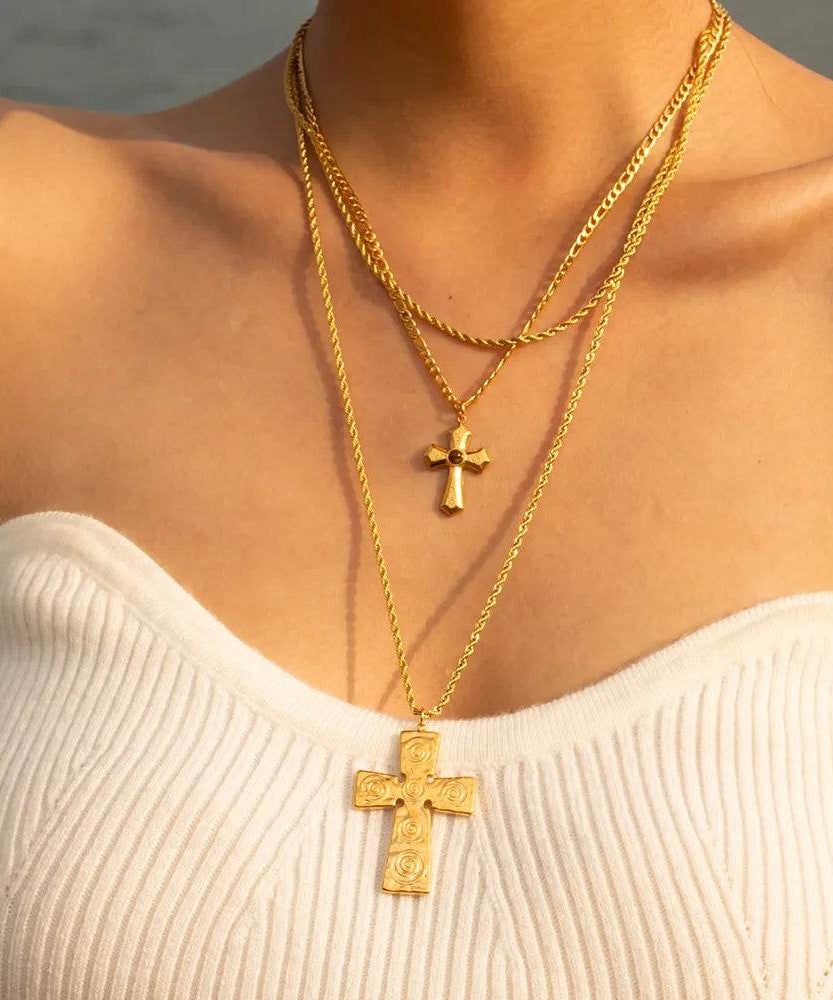 18K Gold-Plated Double Layered Cross Necklace - ELY VESSA LLC