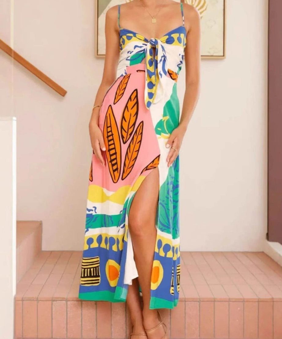 Tied Front Printed Slit Maxi Cami Dress - ELY VESSA LLC