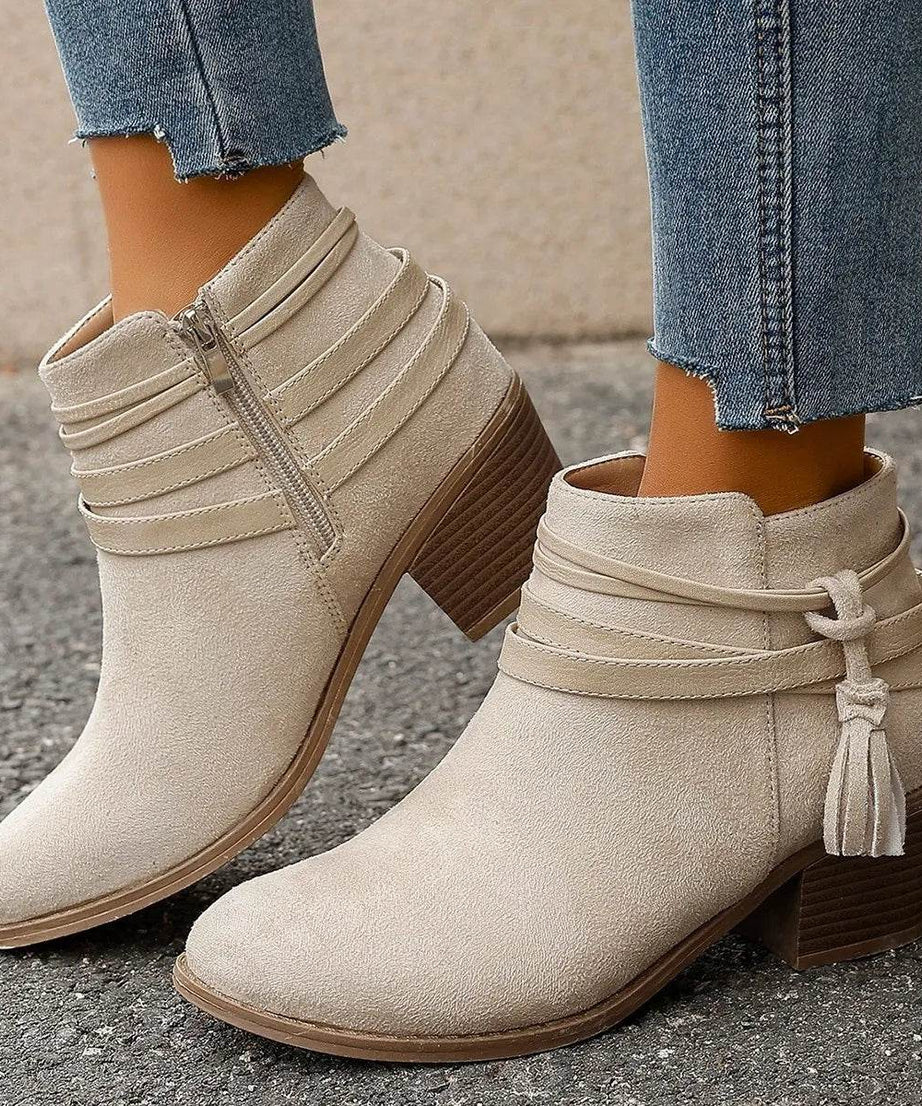 Tassel Point Toe Block Heels Boots - ELY VESSA LLC