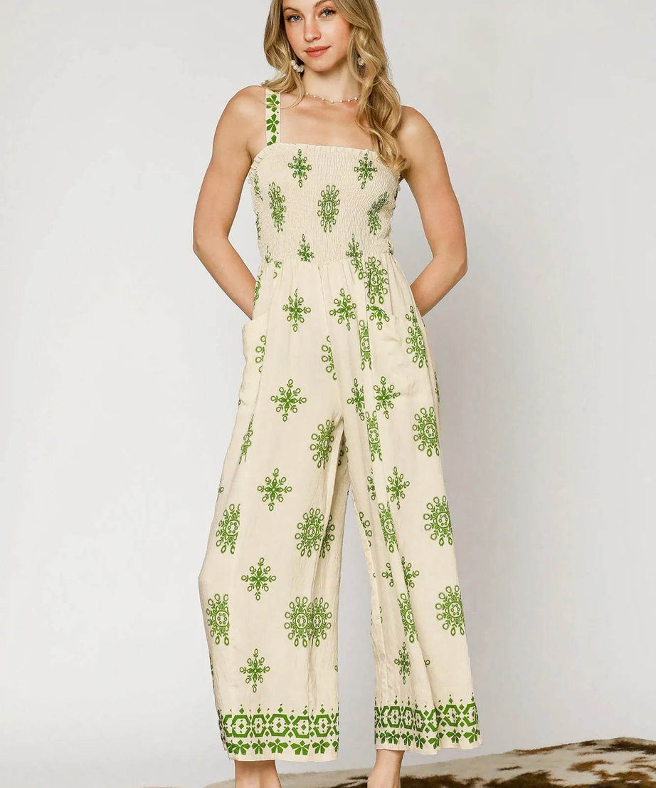 Umgee Smocked Printed Wide Leg Jumpsuit - ELY VESSA LLC