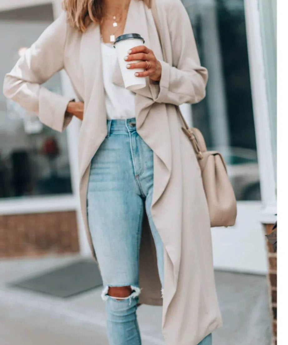 Open Front Long Sleeve Trench Coat - ELY VESSA LLC