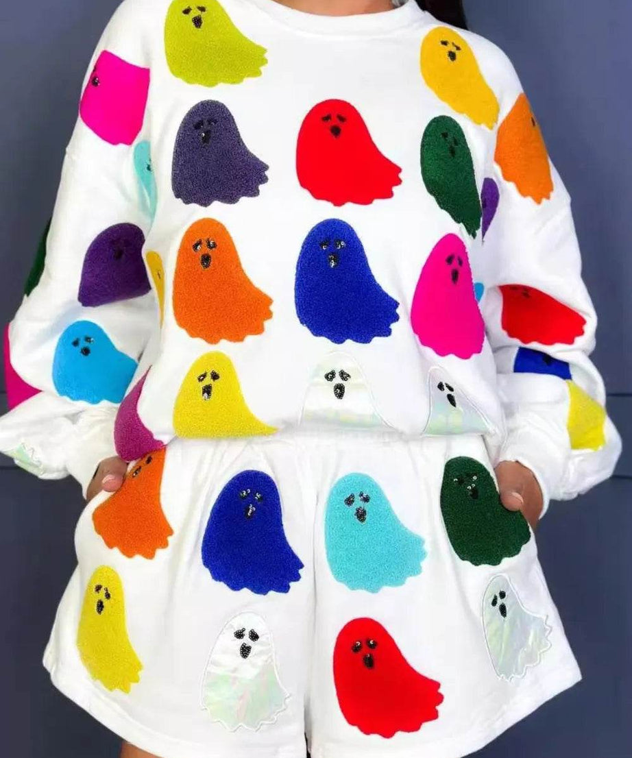 Ghost Printed Round Neck Long Sleeve Top and Shorts Set - ELY VESSA LLC