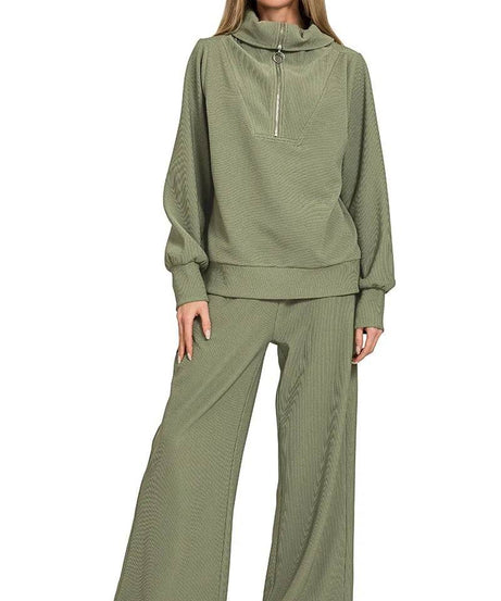 Zenana Ribbed High Neck Half Zip Pullover & Pants Set - ELY VESSA LLC