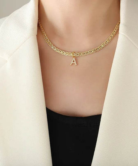 Brass Inlaid Zircon Letter Pendant Necklace - ELY VESSA LLC