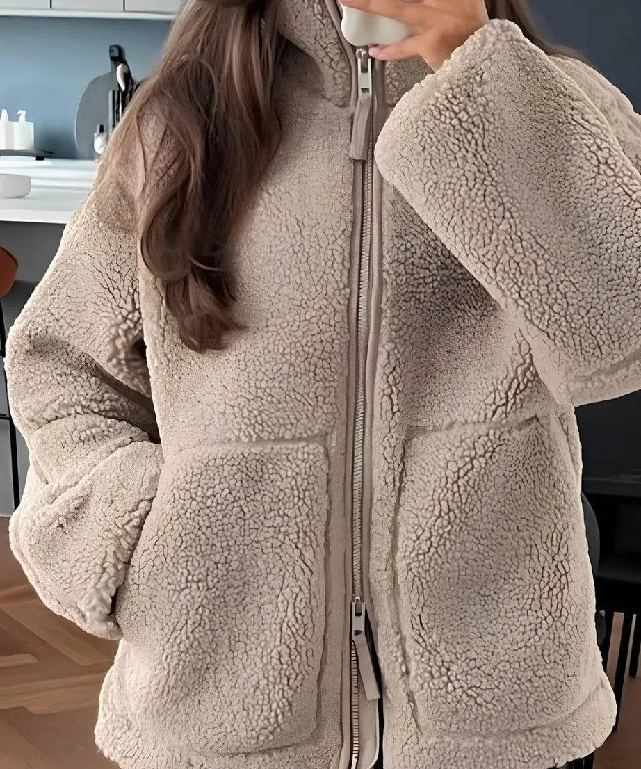 Zip Up Turtleneck Long Sleeve Plush Jacket - ELY VESSA LLC