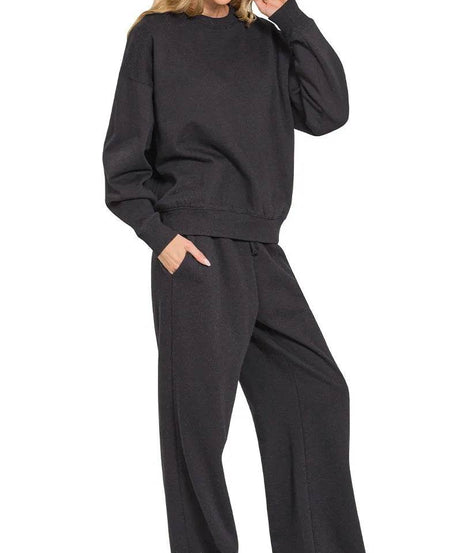 Zenana Fleece Long Sleeve Top and Sweatpants Set - ELY VESSA LLC