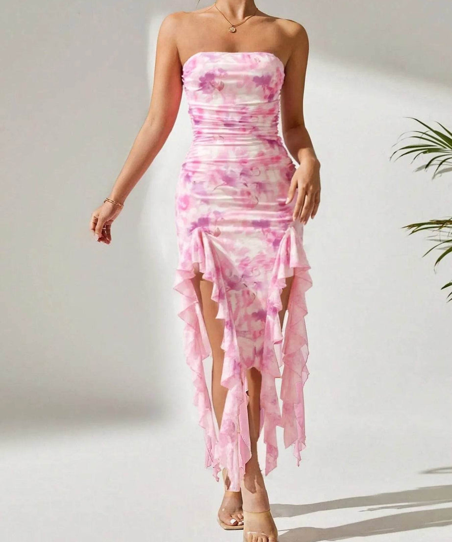Tie-Dye Strapless Ruffle Hem Dress - ELY VESSA LLC