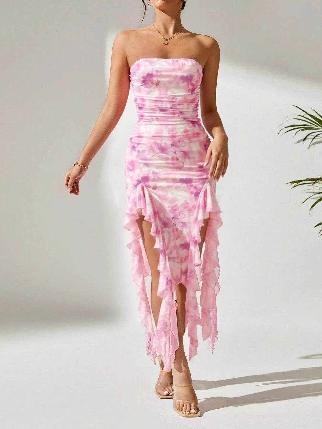Tie-Dye Strapless Ruffle Hem Dress - ELY VESSA LLC