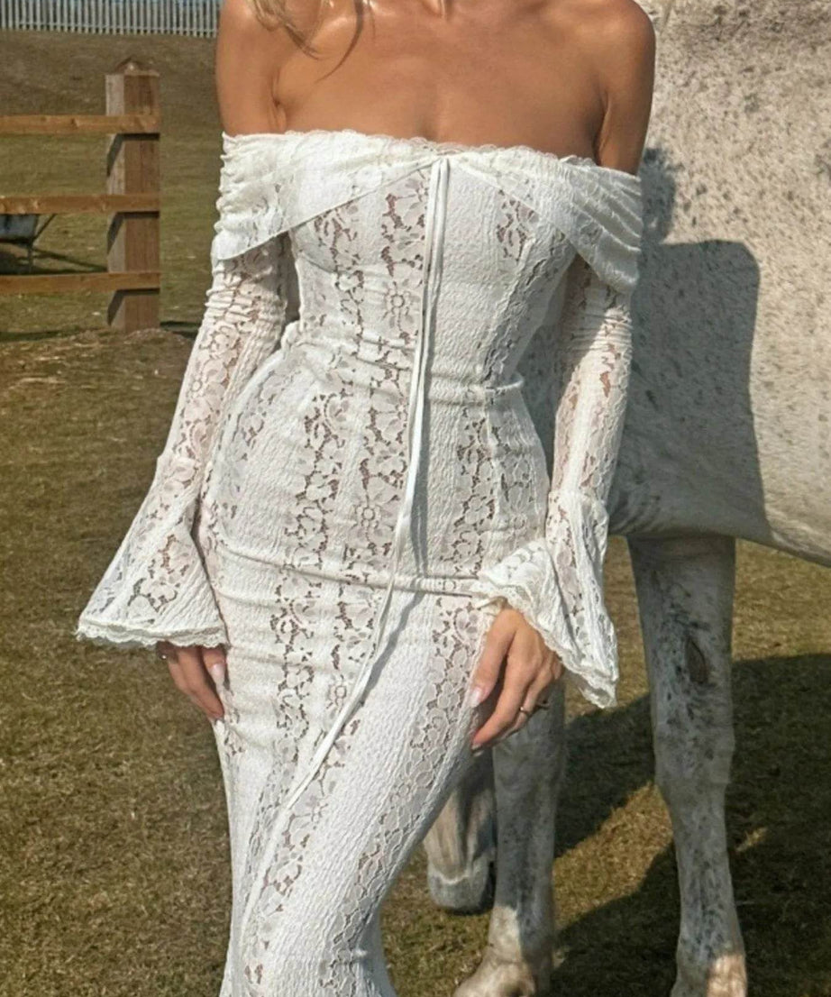 Lace Off-Shoulder Flounce Sleeve Maxi Dress - ELY VESSA LLC