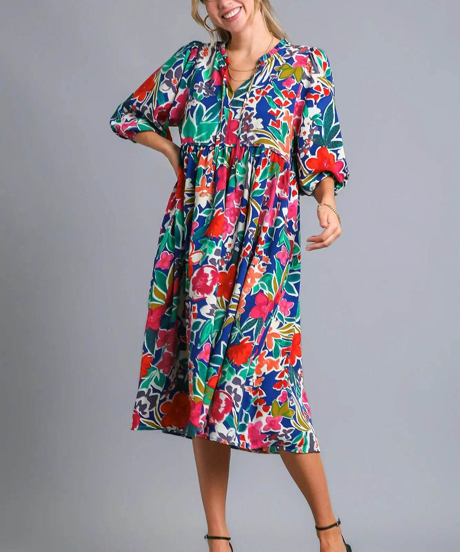 Umgee Floral Print Tie Neck Midi Dress with Pockets - ELY VESSA LLC