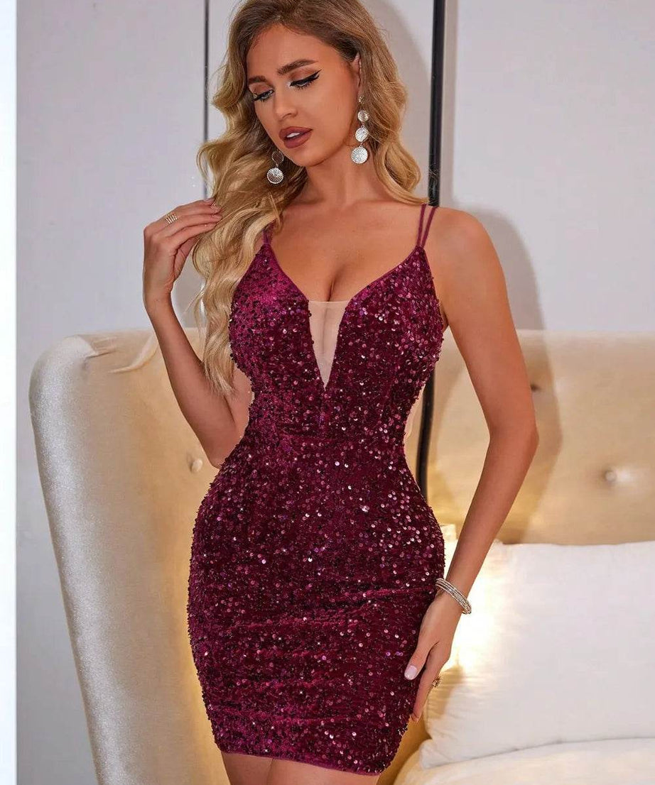 Lace-Up Sequin Plunge Sleeveless Dress - ELY VESSA LLC