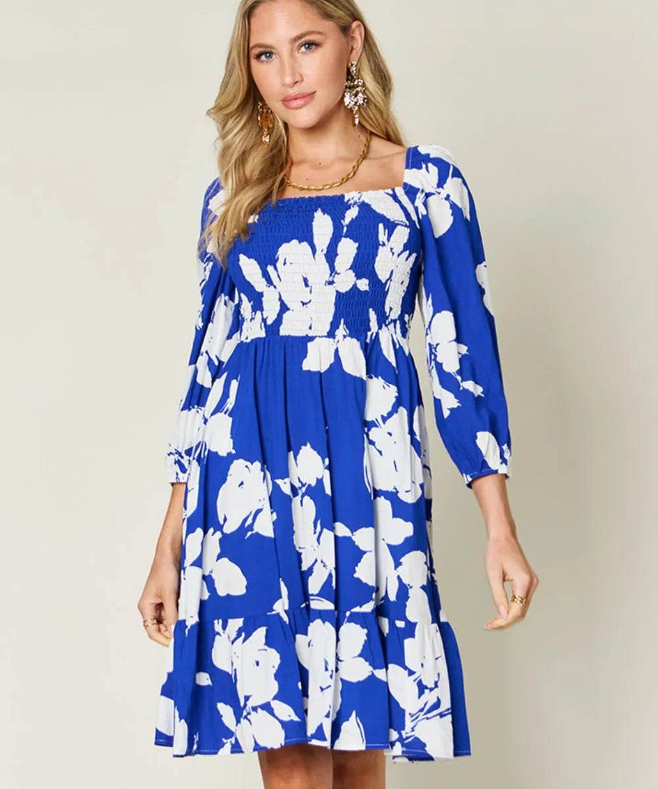 Double Take Full Size Floral Ruffle Hem Smocked Dress with Pockets - ELY VESSA LLC