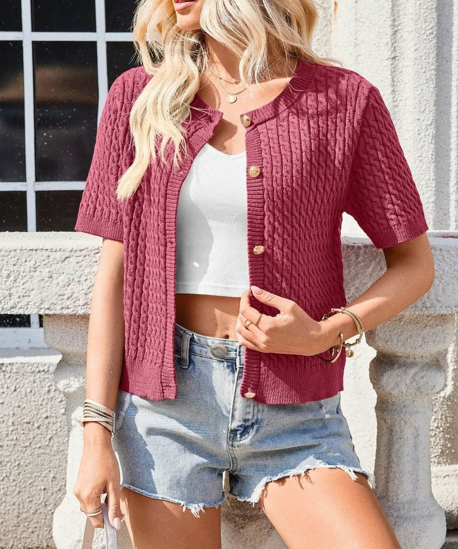 Button Up Short Sleeve Cardigan - ELY VESSA LLC