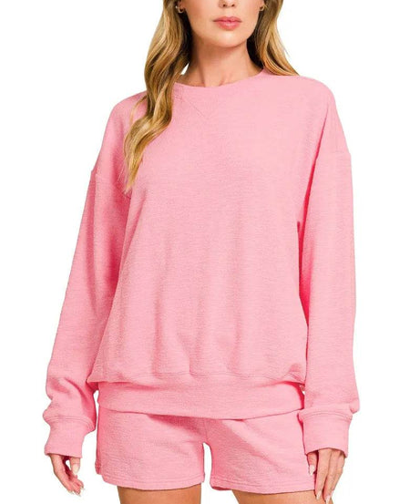 Zenana Slub Long Sleeve Top and Shorts Set - ELY VESSA LLC