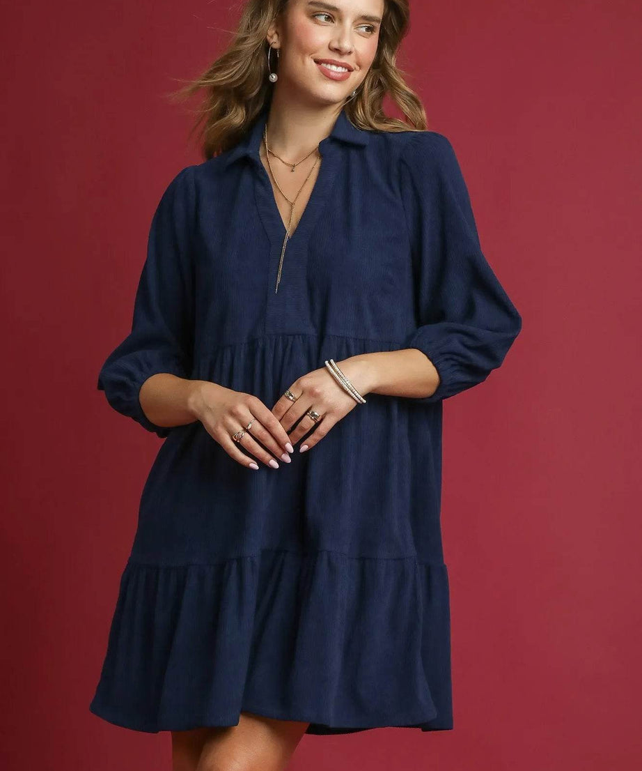 Umgee Tiered Corduroy Mini Dress with Balloon Sleeves - ELY VESSA LLC