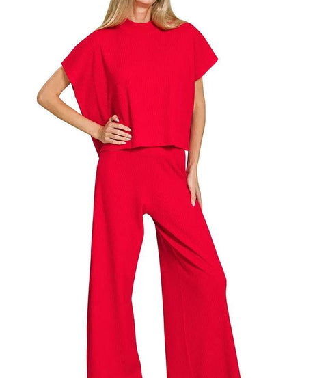 Zenana Viscose Sweater Short Sleeve Top and Pants Set - ELY VESSA LLC
